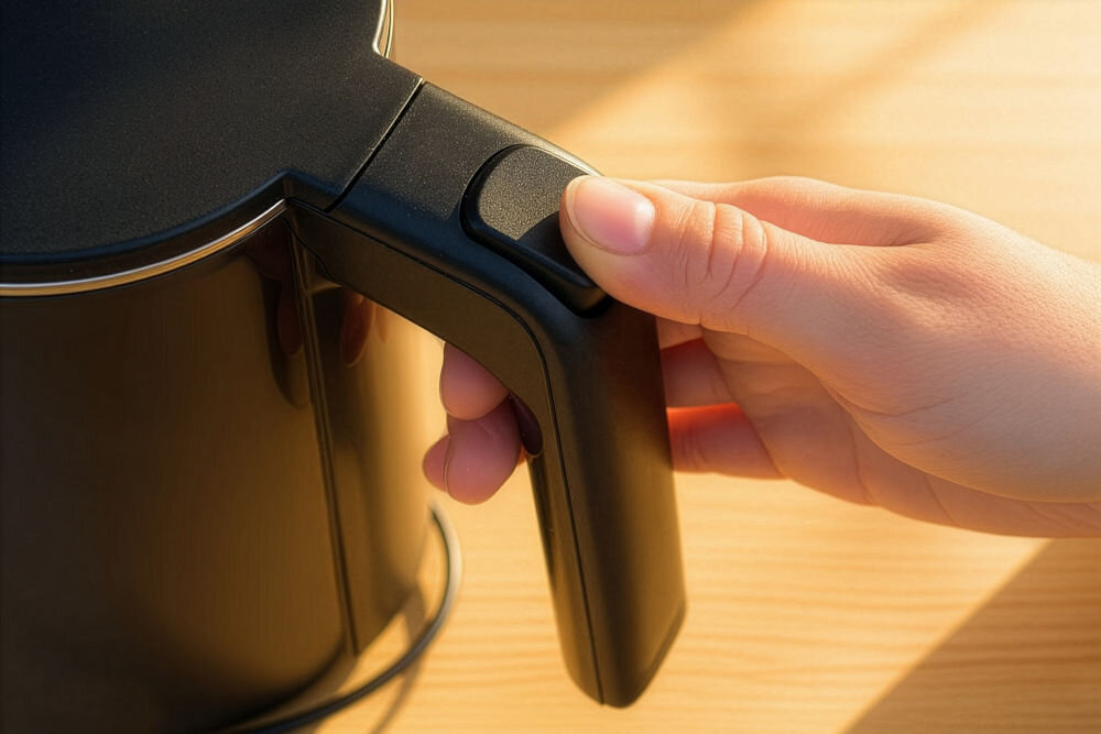 Czajnik GÖTZE & JENSEN KT730K podwójne ścianki kontroler STRIX bezpieczny dotyk Zbliżenie na czarną rączkę czajnika. Kciuk naciska przycisk otwierania pokrywki znajdujący się u góry rączki.