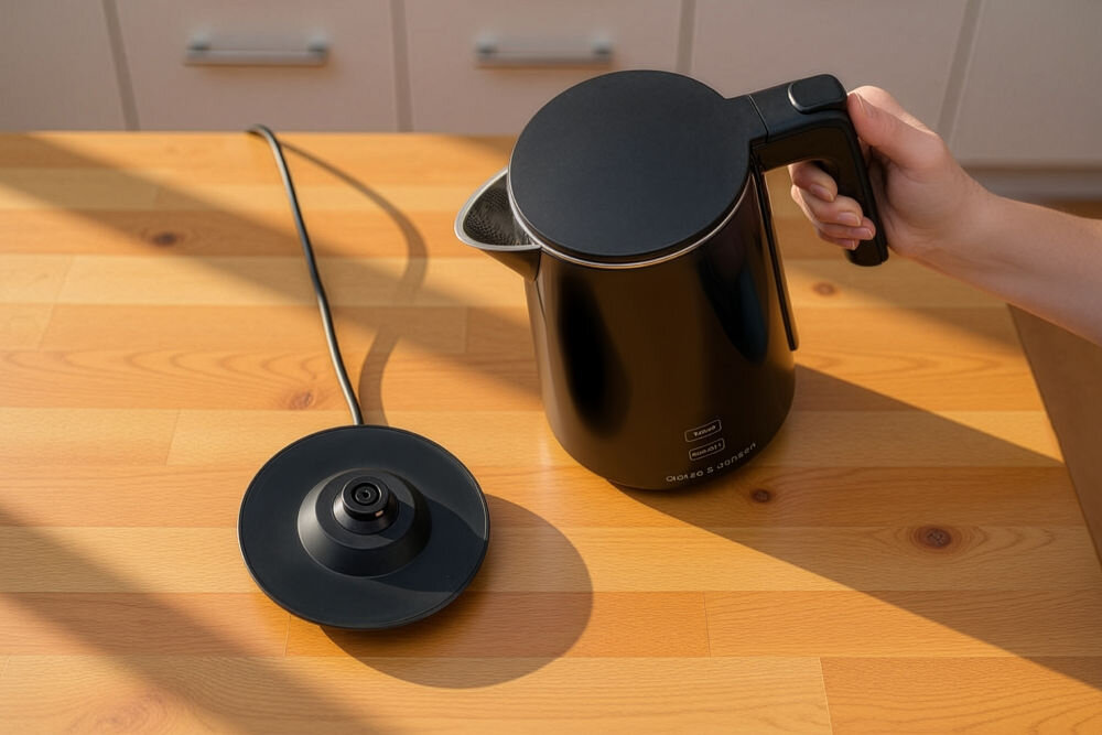 Czajnik GÖTZE & JENSEN KT730K obrotowa baza 360 stopni przycisk otwierania wieczka wygoda obsługi Czarny czajnik Goetze & Jensen trzymany za rączkę, stojący obok swojej okrągłej podstawy z przewodem zasilającym. Scena oświetlona ciepłym światłem słonecznym na drewnianym stole.