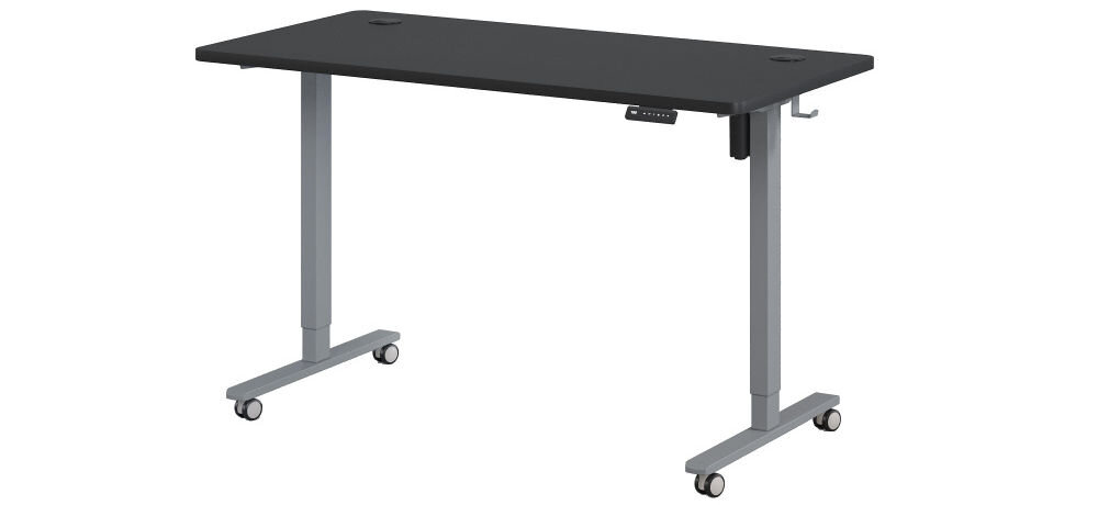 Biurko KENOKO Ibuki 160 x 80 cm Czarno-szary prezentacja biurka z kółkami pod kątem na białym tle laminowana płyta wiórowa grubość ułatwienie transportu wymiary przelotki na kable porządek na blacie stabilna rama solidność konstrukcji