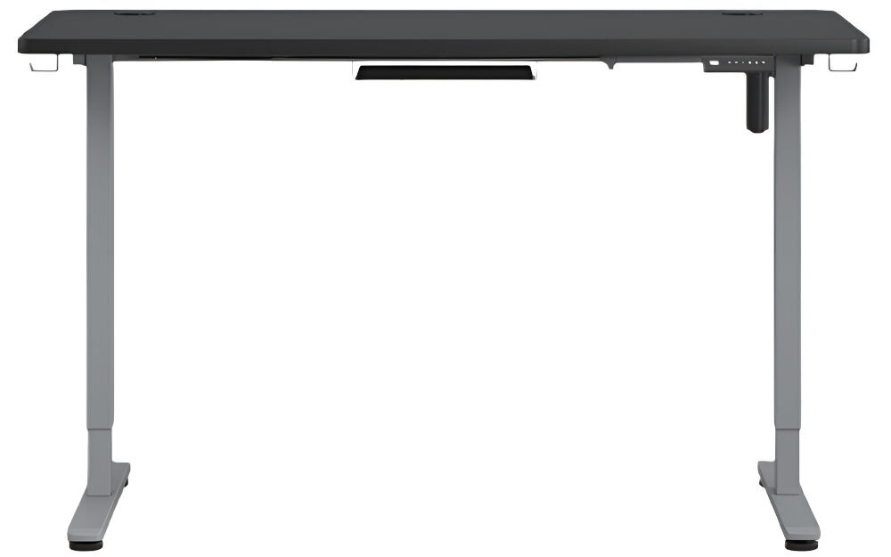 Biurko KENOKO Ibuki 160 x 80 cm Czarno-szary prezentacja biurka na białym tle od przodu dwa uchwyty na słuchawki organizacja przestrzeni maskownica na kable ukrycie przewodów schludne stanowisko pracy wygoda porządek