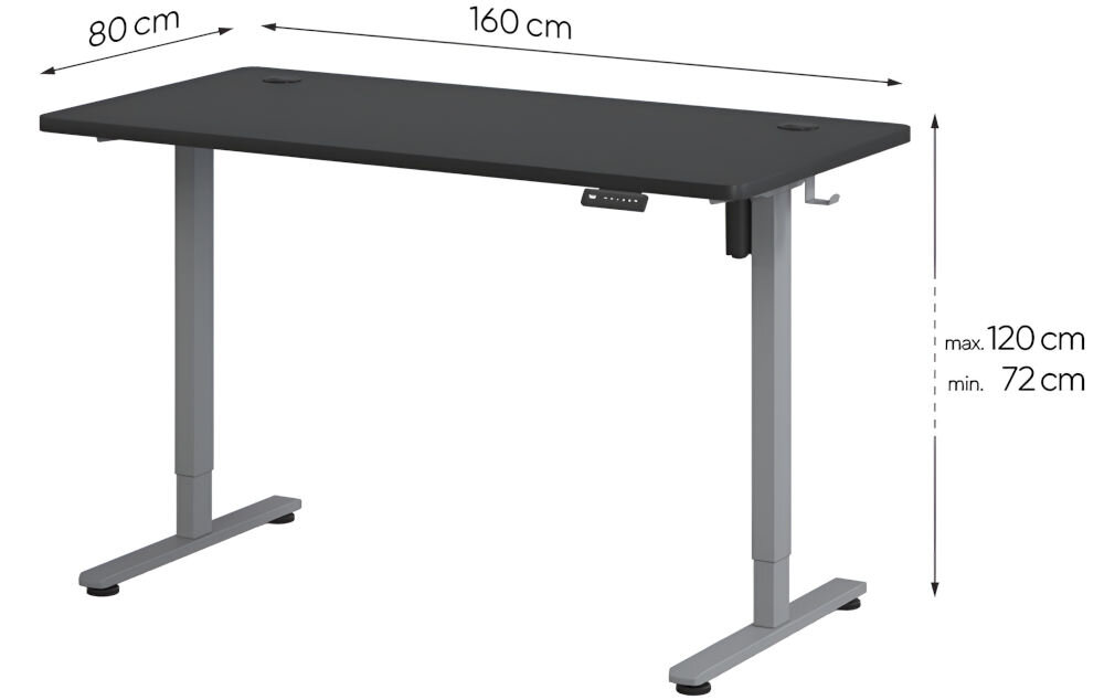 Biurko KENOKO Ibuki 160 x 80 cm Czarno-szary prezentacja biurka na białym tle z wymiarami duże przestrzenie regulowana wysokość zakres dopasowanie biurka stabilność komfort użytkowania