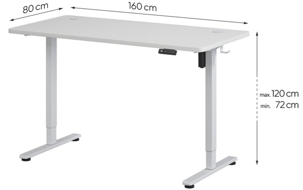 Biurko KENOKO Ibuki 160 x 80 cm Biały prezentacja biurka na białym tle z wymiarami duże przestrzenie regulowana wysokość zakres dopasowanie biurka stabilność komfort użytkowania