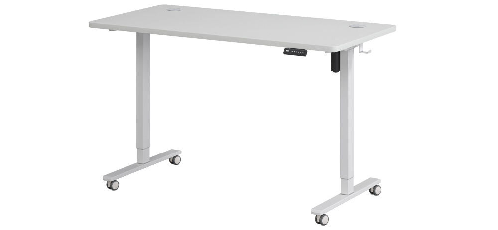 Biurko KENOKO Ibuki 160 x 80 cm Biały prezentacja biurka z kółkami pod kątem na białym tle laminowana płyta wiórowa grubość ułatwienie transportu wymiary przelotki na kable porządek na blacie stabilna rama solidność konstrukcji