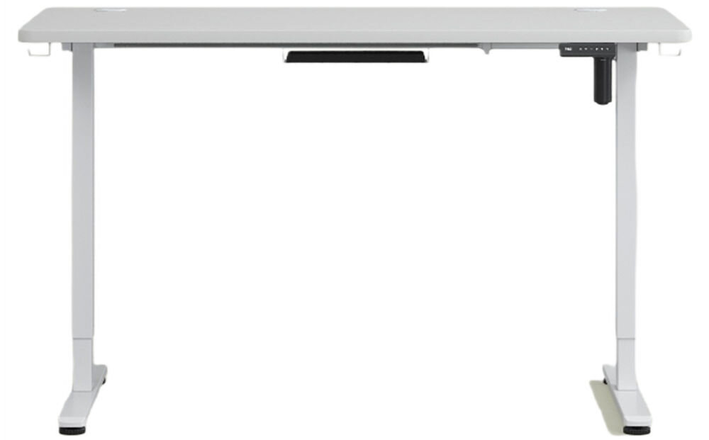 Biurko KENOKO Ibuki 160 x 80 cm Biały prezentacja biurka na białym tle od przodu dwa uchwyty na słuchawki organizacja przestrzeni maskownica na kable ukrycie przewodów schludne stanowisko pracy wygoda porządek