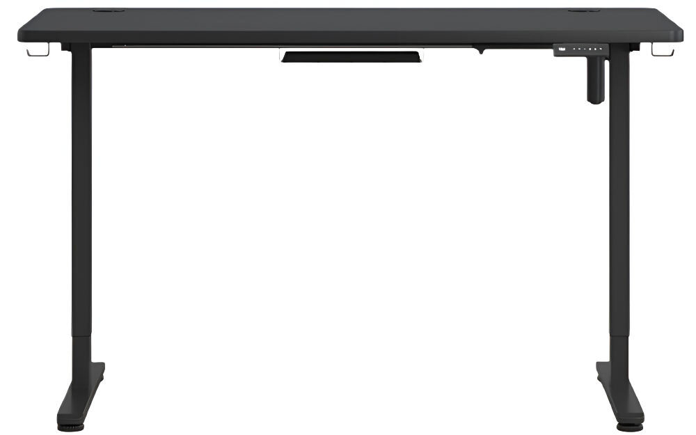 Biurko KENOKO Ibuki 120 x 60 cm Czarny prezentacja biurka na białym tle od przodu dwa uchwyty na słuchawki organizacja przestrzeni maskownica na kable ukrycie przewodów schludne stanowisko pracy wygoda porządek