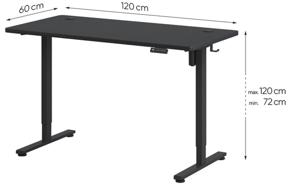 Biurko KENOKO Ibuki 120 x 60 cm Czarny prezentacja biurka na białym tle z wymiarami małe przestrzenie regulowana wysokość zakres dopasowanie biurka stabilność komfort użytkowania
