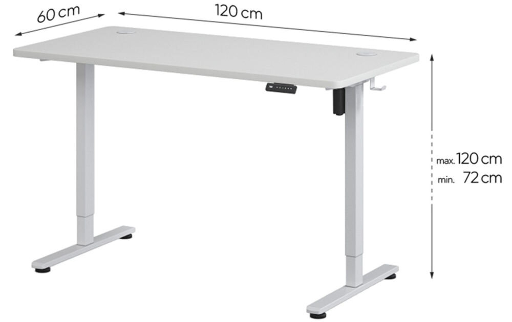 Biurko KENOKO Ibuki 120 x 60 cm Biały prezentacja biurka na białym tle z wymiarami małe przestrzenie regulowana wysokość zakres dopasowanie biurka stabilność komfort użytkowania