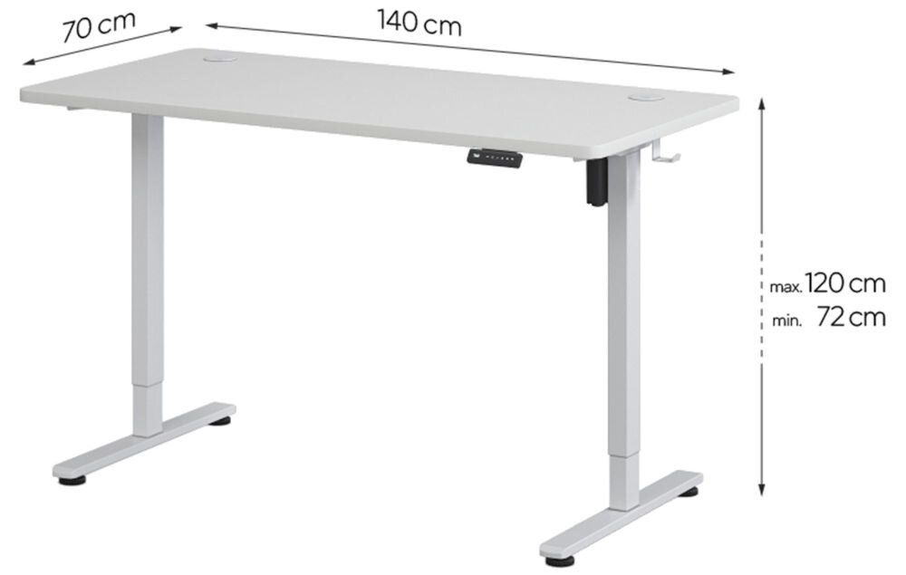 Biurko KENOKO Ibuki 140 x 70 cm Biały prezentacja biurka na białym tle z wymiarami średnie przestrzenie regulowana wysokość zakres dopasowanie biurka stabilność komfort użytkowania