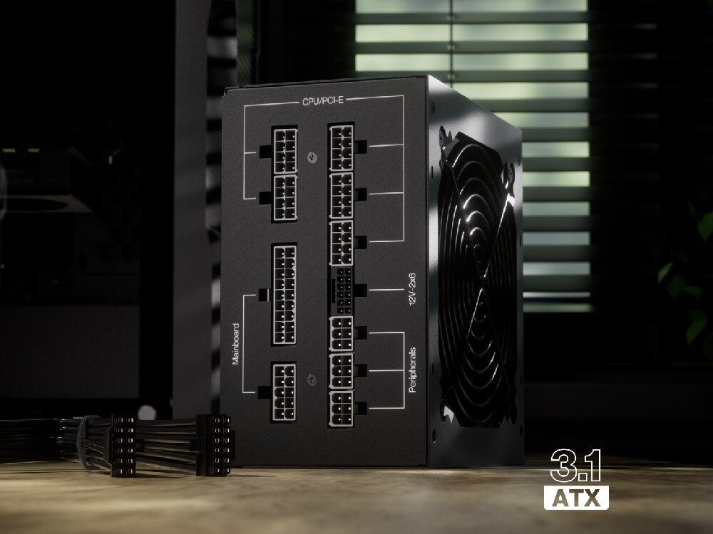 Zasilacz ENDORFY Supremo FM6 850W Zasilacz ENDORFY Supremo FM6 850 W oraz oznaczenia[PP1.1] ATX 3.1 i odznaka Cybenetics ATX 3.1 Pass.