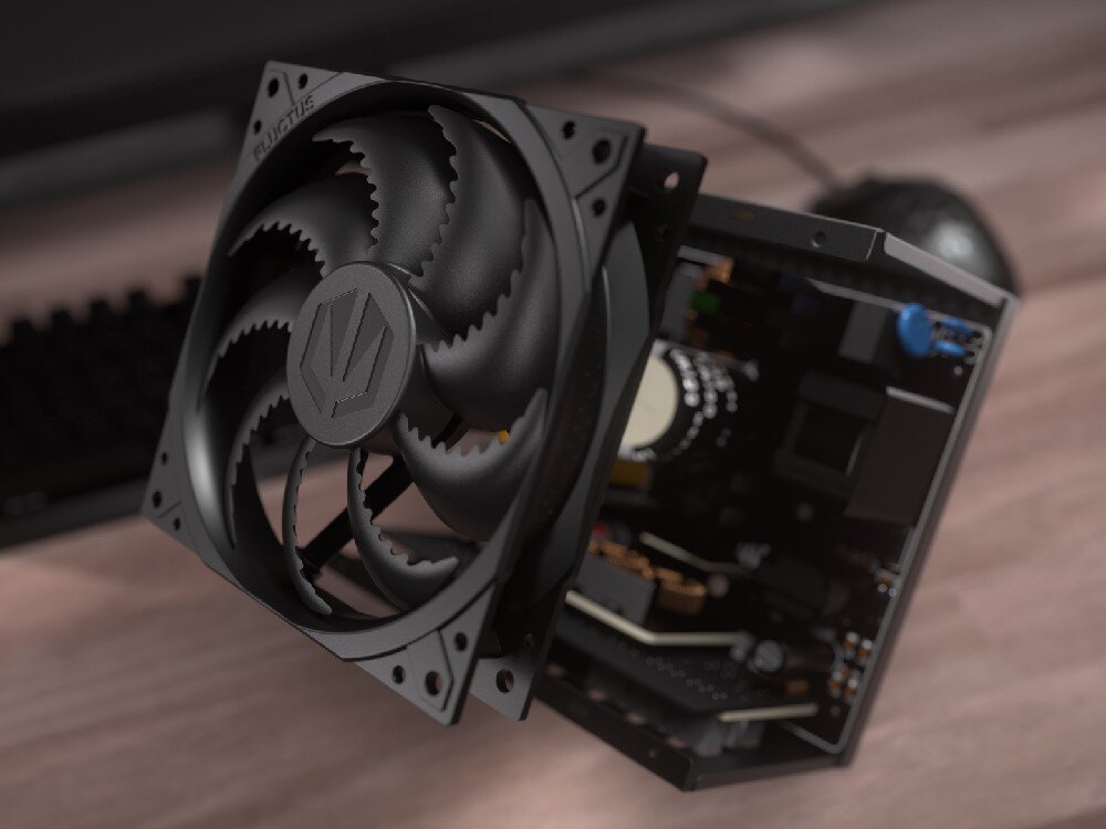 Zasilacz ENDORFY Supremo FM6 850W Wentylator Fluctus 120 mm obok zasilacza ENDORFY Supremo FM6 850 W z otwartą obudową i widocznymi podzespołami.