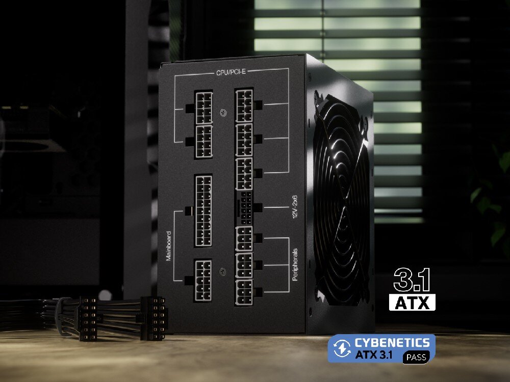 Zasilacz ENDORFY Supremo FM6 1000W Zasilacz ENDORFY Supremo FM6 1000 W oraz oznaczenia ATX 3.1 i odznaka Cybenetics ATX 3.1 Pass.