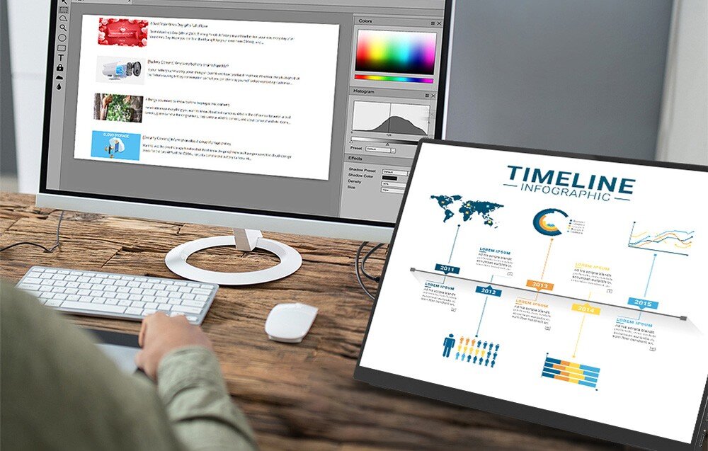 Monitor ARZOPA A1T Osoba pracuje przy biurku z dwoma monitorami – na głównym widać edytor graficzny, a na drugim infografikę z osią czasu, przeznaczenie, zastosowanie, cechy