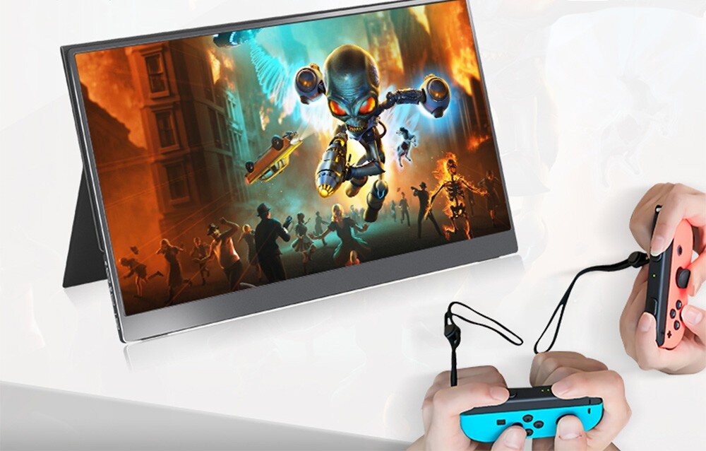 Monitor ARZOPA A1T Ekran przenośnego monitora wyświetla grę z postaciami science fiction, a przed nim widoczne są dwie dłonie trzymające kontrolery do konsoli, tryby działania
