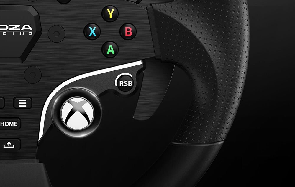 Kierownica MOZA Racing ESX RS052 (XBOX/PC) Zbliżenie na kierownicę wyścigową Moza Racing z przyciskami Xbox PC technologia direct drive płynna reakcja kompatybilność