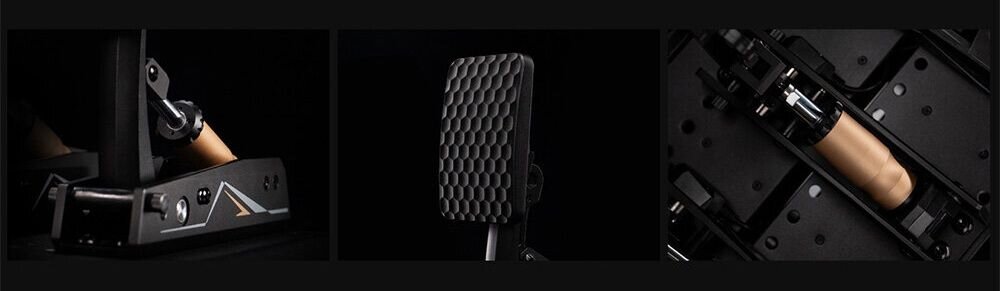 Pedał sprzęgła MOZA Racing CRP2 RS067 Zestaw trzech grafik detali pedałów Moza CRP2: widok boczny siłownika, zbliżenie na heksagonalną teksturę powierzchni pedału oraz rzut z góry na mechanizm wewnętrzny