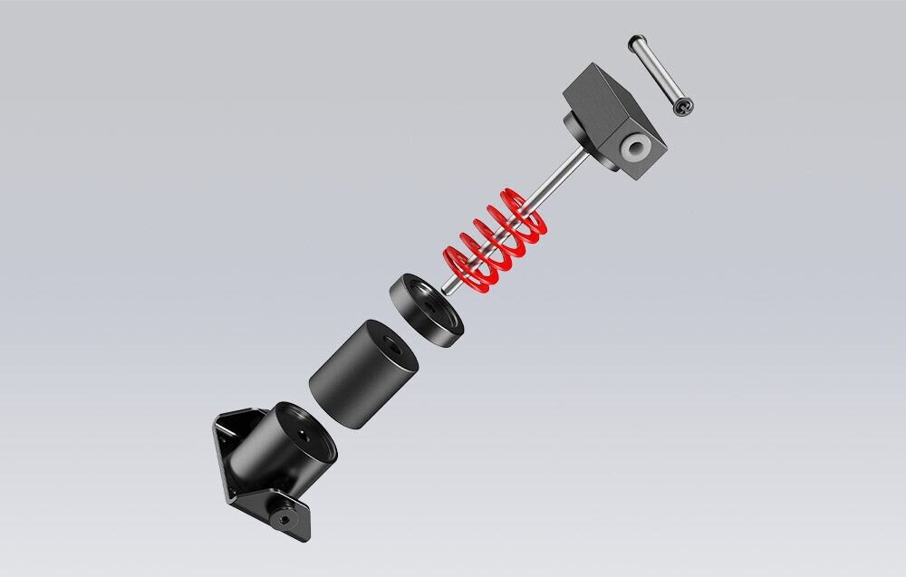 Zestaw wydajności pedału MOZA Racing SR-P Lite RS22 prezentacja rozłożonego zestawu pod kątem na szarym tle sprężyna blok tłumiący dla osób poszukujących wysokiego realizmu naturalne odczucia