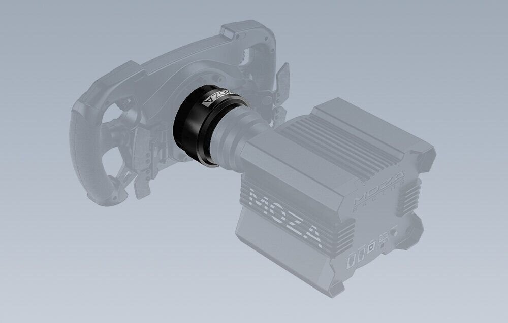 Adapter MOZA Racing RS07 do kierownicy R21/R16/R12/R9/R5 adapter na jasnym tle poświata bazy i kierownicy współpraca z bazami MOZA zachowanie funkcji sterowania realistyczne wrażenia