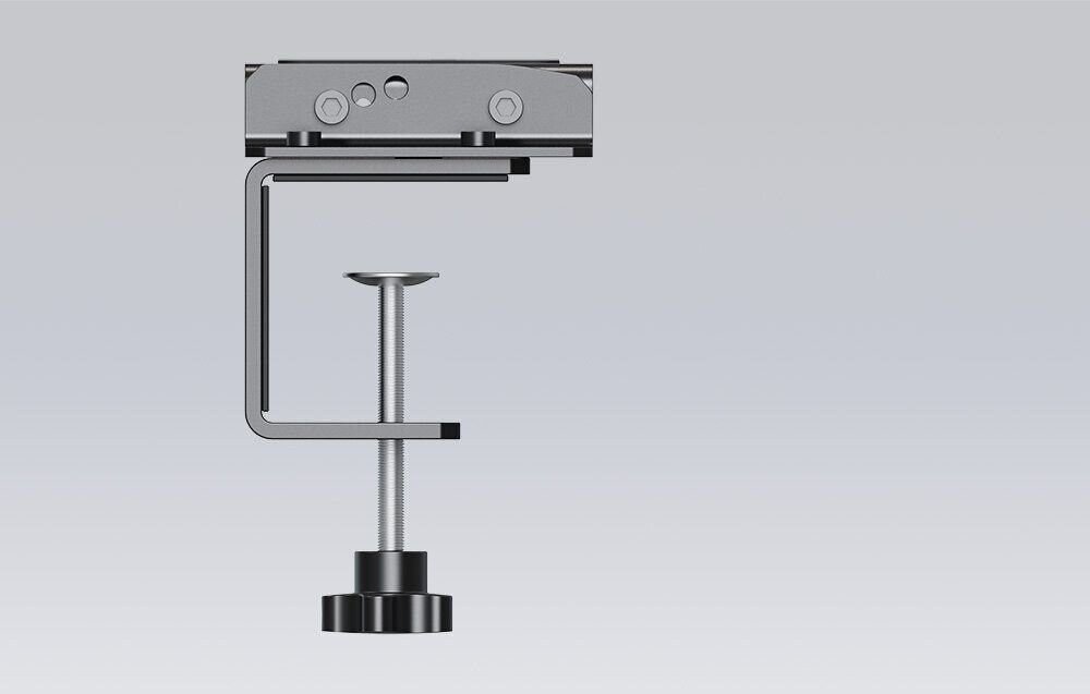 Uchwyt MOZA Racing RS12 prezentacja uchwytu od boku na szarym tle montaż bazy na stole lub biurku ułatwienie organizacji stanowiska