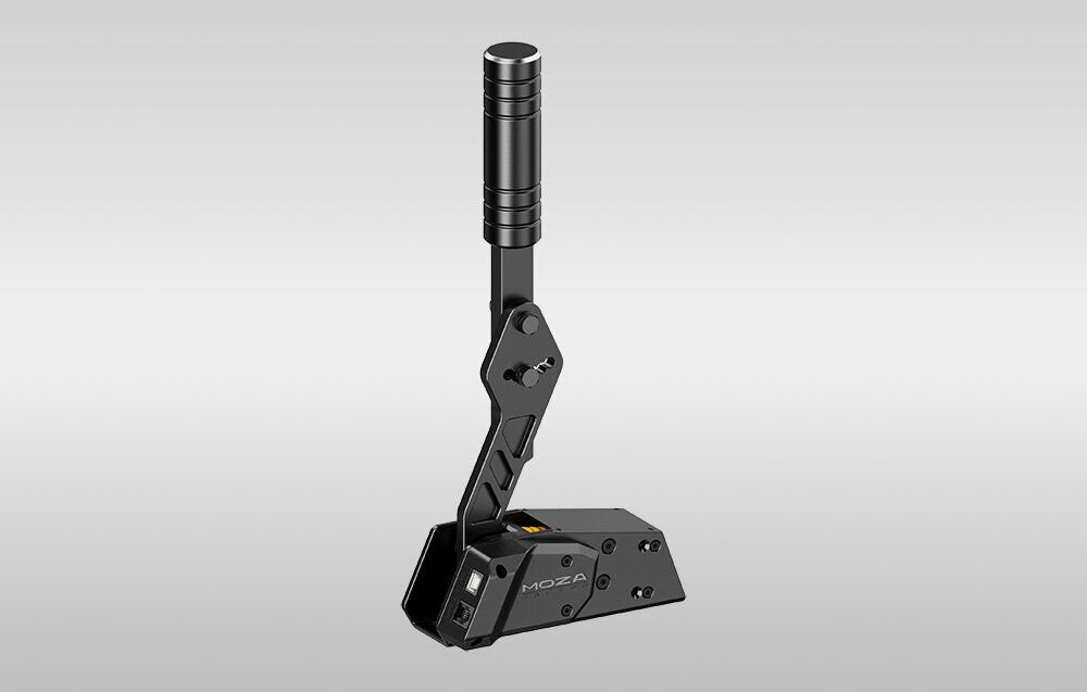 Hamulec ręczny MOZA Racing HBP RS31 prezentacja hamulca pod kątem na szarym tle