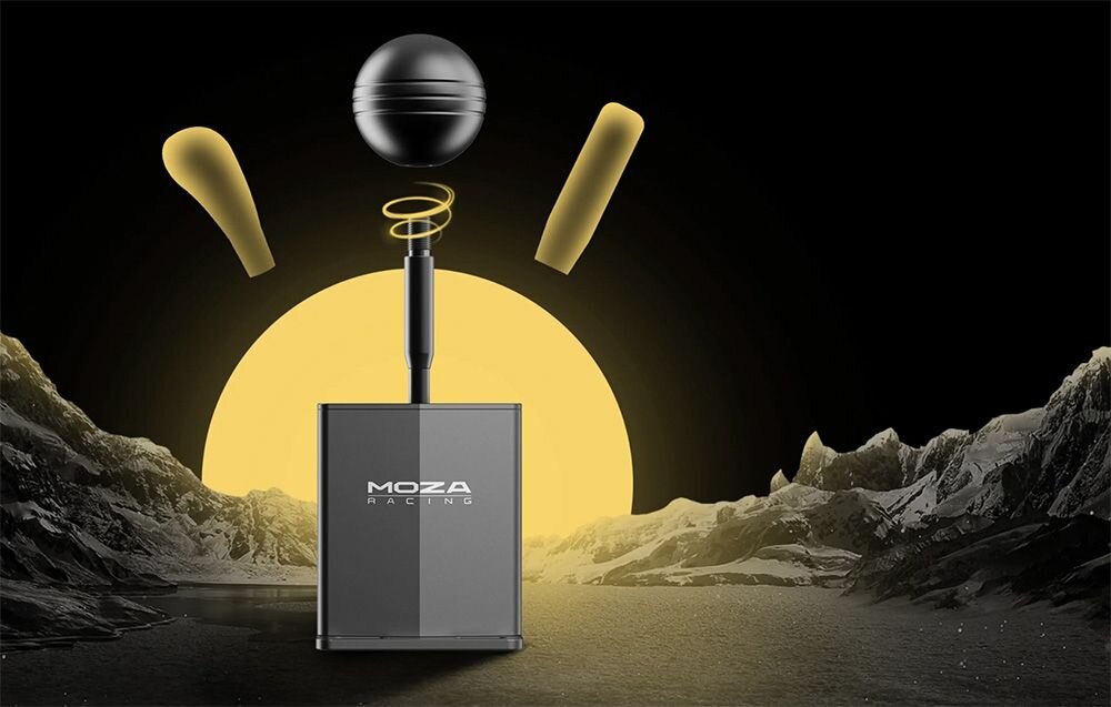 Skrzynia biegów MOZA Racing HGP RS039 Grafika prezentująca możliwość wymiany gałki zmiany biegów w skrzyni MOZA na tle górskiego krajobrazu automatyczny międzygaz heel and toe płynność jazdy MOZA Pit House