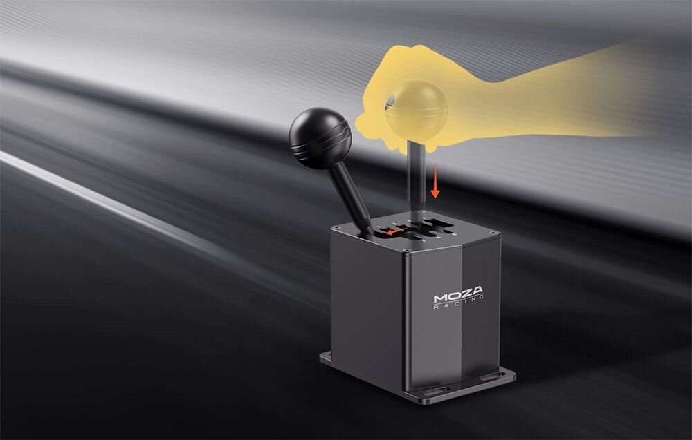 Skrzynia biegów MOZA Racing HGP RS039 Ilustracja pokazująca sposób wrzucania biegu wstecznego poprzez dociśnięcie drążka w skrzyni MOZA system tłumienia realistyczne odczucia wymiana gałki