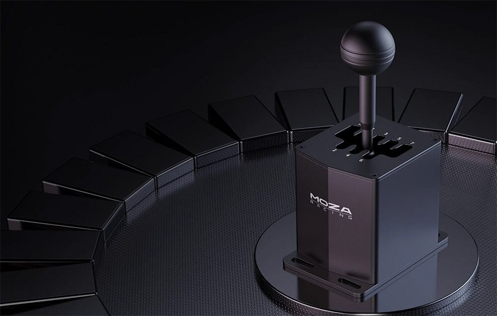 Skrzynia biegów MOZA Racing HGP RS039 Elegancki czarny H-Shifter MOZA Racing wyeksponowany na nowoczesnej, okrągłej platformie montaż na większości kokpitów kabel USB-B-USB-A bezpośredni port w bazie MOZA