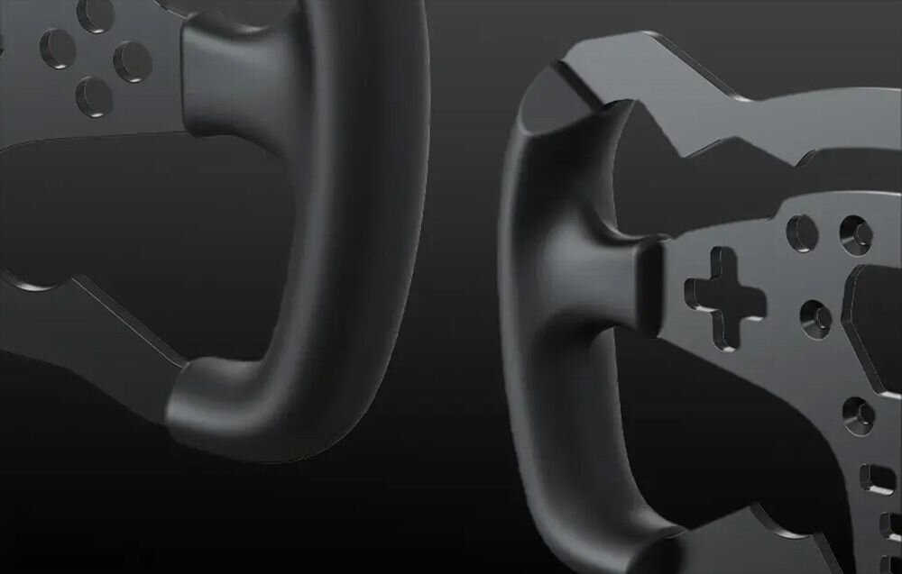 Obręcz do kierownicy MOZA Racing ES RS032 Zbliżenie na bok obręczy do kierownicy gamingowej na szarym tle 4 mm aluminium lotnicze odporność na odkształcenia szczegółowe przenoszenie sygnałów