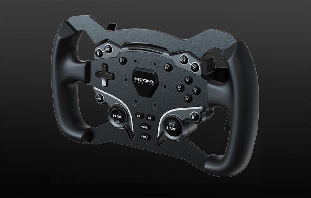 Obręcz do kierownicy MOZA Racing ES RS032 Obręcz do kierownicy gamingowej MOZA widziana pod kątem na czarnym tle aluminiowy system szybkiego montażu sprawna wymiana obręczy kilka sekund płynność rozgrywki