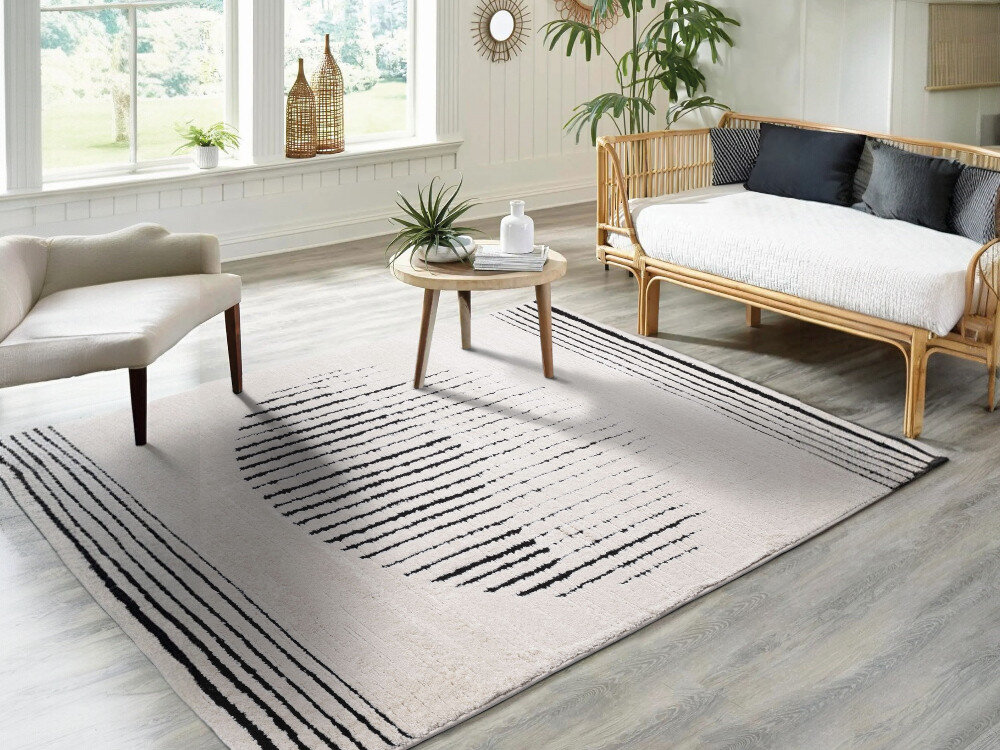 Dywan wewnętrzny MULTIDECOR Elio Linie 508386 200 x 290 cm Kremowo-czarny, linie, kremowy, czarny, elegancki, dywan w pokoju gościnnym na podłodze, wśród mebli