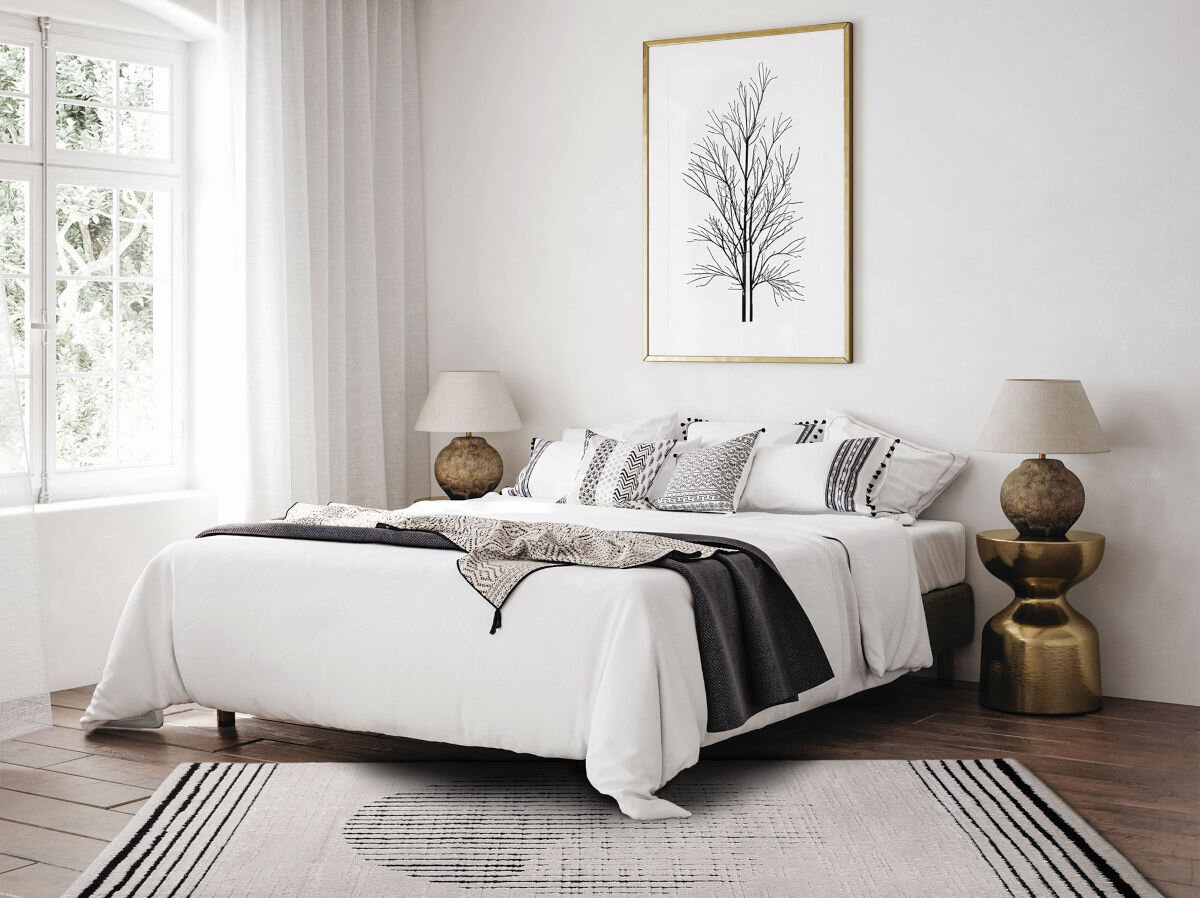 Dywan wewnętrzny MULTIDECOR Elio Linie 508386 200 x 290 cm Kremowo-czarny, antyelektrostatyczny, kurz, czystość, tkanie, dywan w pokoju sypialnianym na podłodze