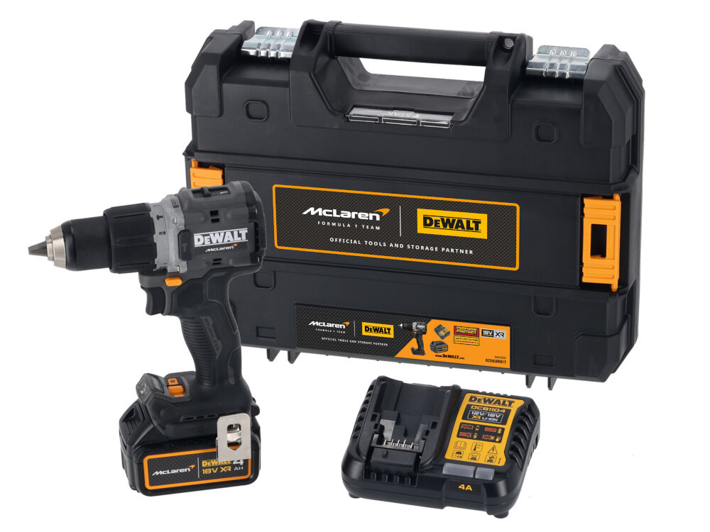Wiertarko-wkrętarka DEWALT DCD85MM1T-QW zestaw na białym tle w zestawie wiertarko-wkrętarka akumulator ładowarka magnetyczny uchwyt bitów zaczep do paska walizka dokumentacja
