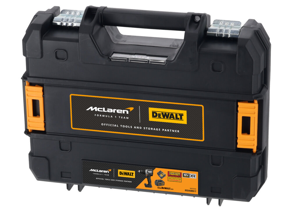 Wiertarko-wkrętarka DEWALT DCD85MM1T-QW walizka na białym tle wysokiej klasy elektronarzędzie walizka transportowa odpowiednio zabezpieczy sprzęt z twardego i wytrzymałego tworzywa sztucznego wysoka odporność na uderzenia