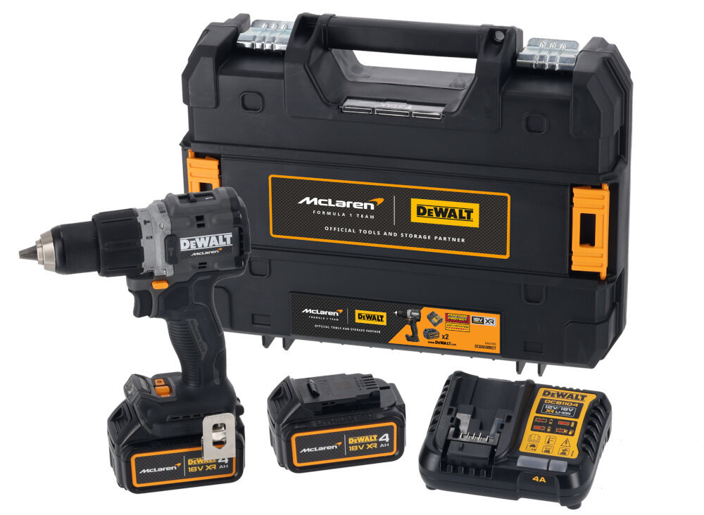 Wiertarko-wkrętarka DEWALT DCD85MM2T-QW zestaw na białym tle w zestawie wiertarko-wkrętarka dwa akumulatory ładowarka magnetyczny uchwyt bitów zaczep do paska walizka dokumentacja