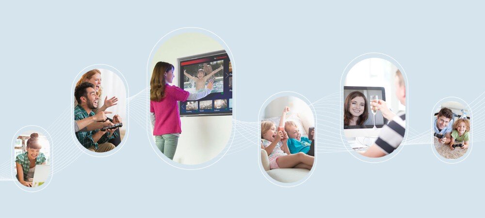 Router TP-LINK Archer MR402 Grafika przedstawiająca kilka scen z życia, w tym rodzinę oglądającą telewizję, dzieci grające oraz kobietę korzystającą z laptopa, technologia Wi-Fi 5, prędkość