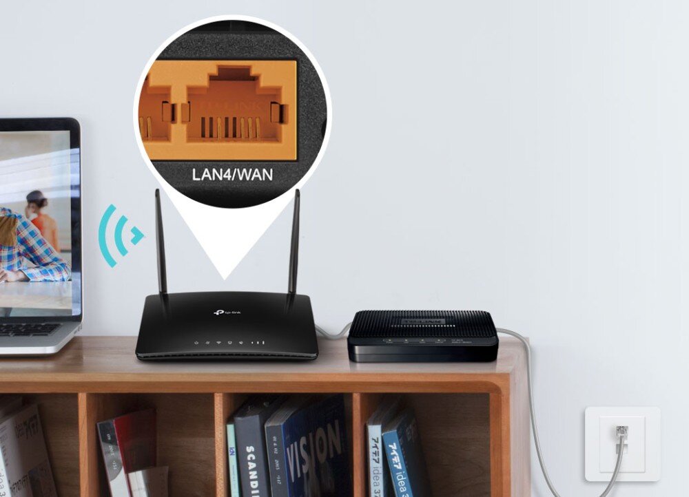 Router TP-LINK Archer MR402 Router ustawiony na półce obok modemu i laptopa, z powiększeniem portu oznaczonego jako 'LAN4/WAN', porty, podłączenie