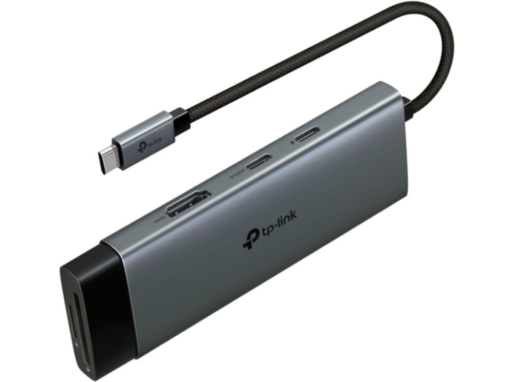Hub TP-LINK UH7020C Szary, podłużny koncentrator z logo producenta, wyposażony w krótki, pleciony kabel z wtyczką USB typu C oraz widoczne porty HDMI, USB typu C i gniazda na karty pamięci