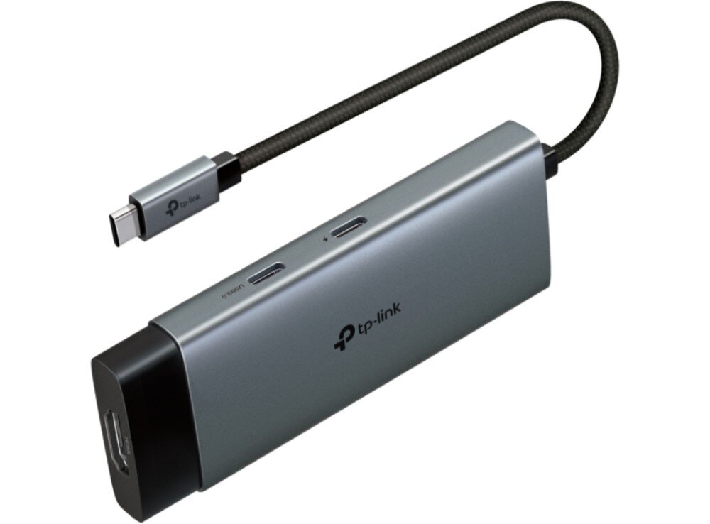 Hub TP-LINK UH5020C Adapter o metalicznym wykończeniu z kablem USB-C w czarnym oplocie, widoczne dwa porty USB-C na bocznej ściance oraz port HDMI na czarnym zakończeniu obudowy