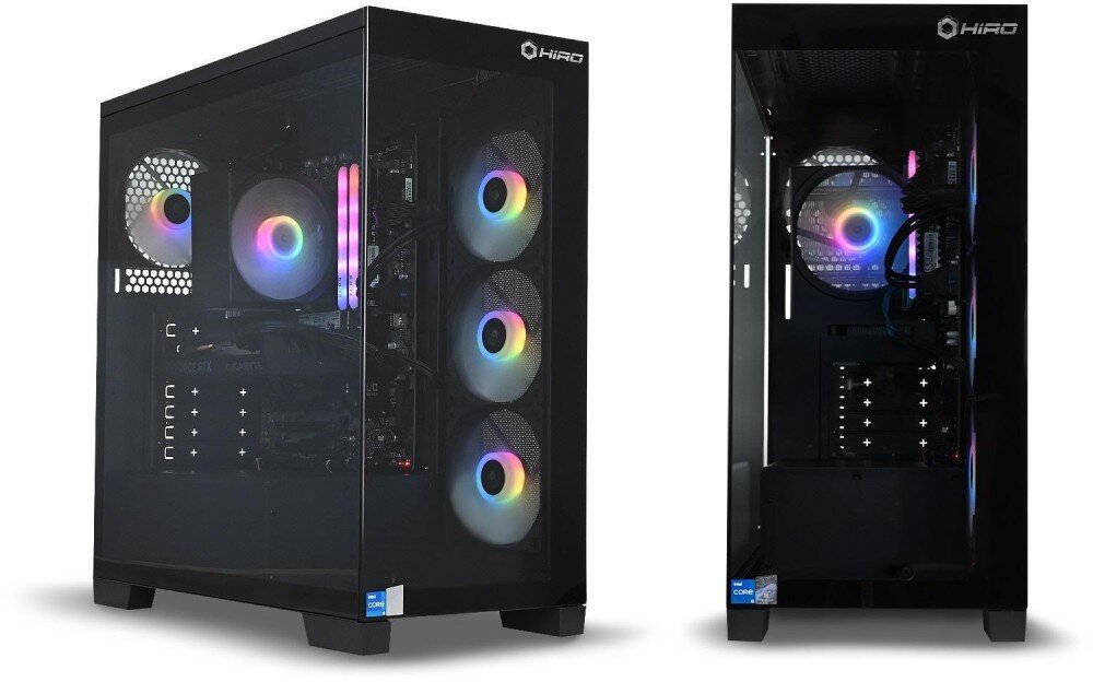 Komputer NTT HIRO Aurora ZKG-I7RTX4070-TE01 Dwa ujęcia tego samego komputera z przezroczystym bokiem – jedno z prawej strony, drugie z przodu – pokazujące wnętrze z pięcioma podświetlanymi wentylatorami i innymi komponentami, podświetlenie, wygląd, szklany panel boczny i przedni