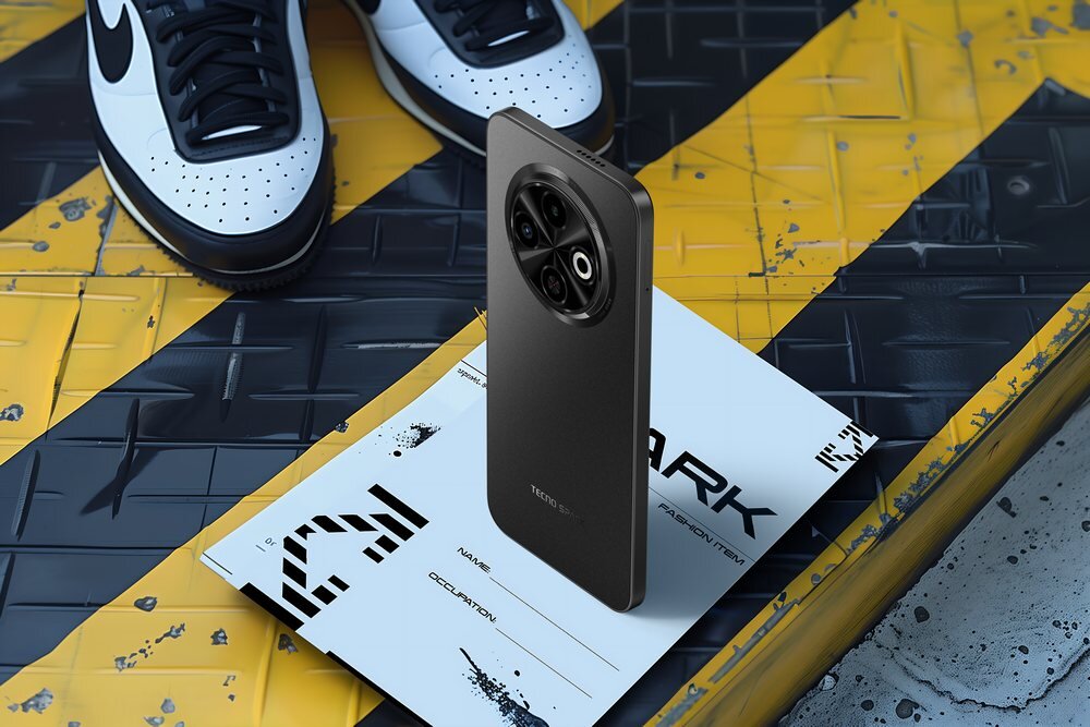Smartfon TECNO Spark 30C na czarno-zółtej platformie