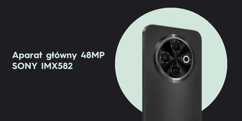 Smartfon TECNO Spark 30C kadr na aparat z tekstem