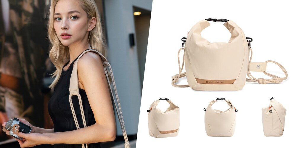 Kobieta z aparatem ma na ramieniu pomarańczową torbę K&F Concept; obok cztery ujęcia torby na białym tle z przodu, tyłu i boku kv początek opisu