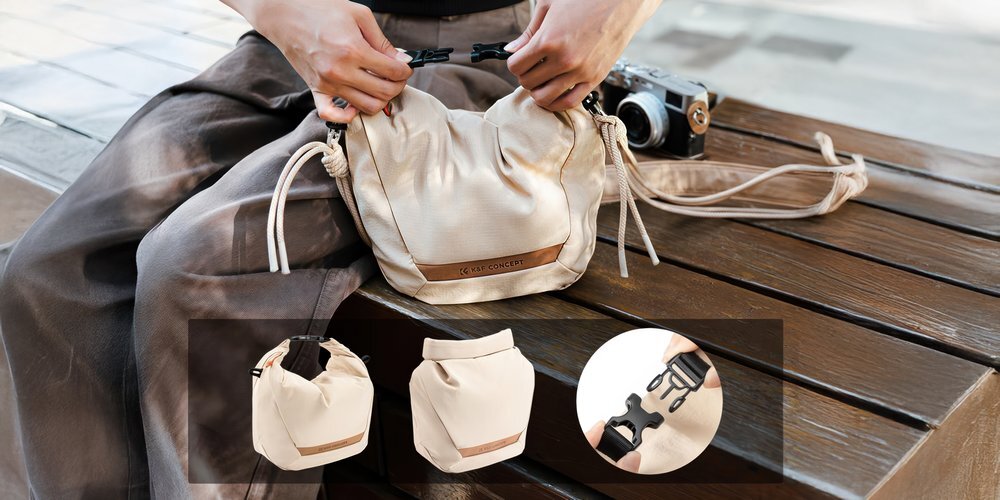 Dłonie zapinają klamrę Beżowej torby K&F Concept na ławce; na dole wstawki z ujęciami torby i zbliżeniem klamry