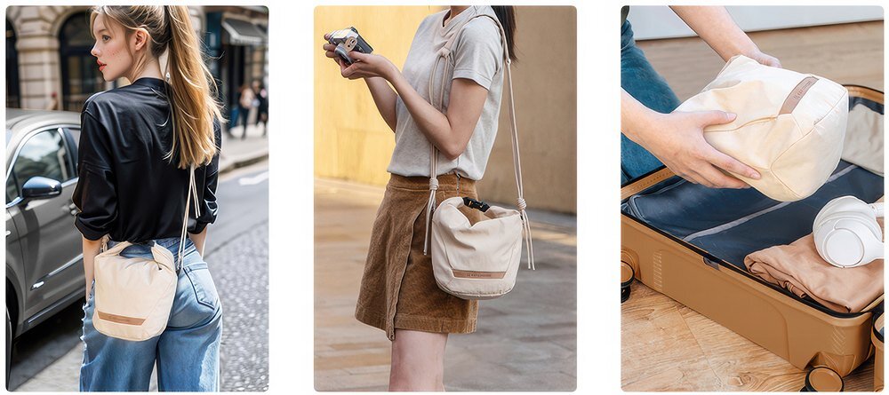 Otwarta pomarańczowa torba z jasnymi przegrodami na drewnianym blacie; dłonie trzymają krawędzie, obok leży aparat