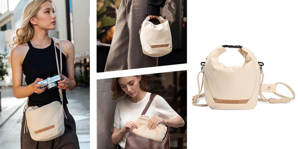 Kolaż: pomarańczowa torba K&F Concept; kobieta z aparatem nosi ją na ramieniu, inna trzyma w dłoni, ujęcie na białym tle, z przodu, z góry, z tyłu