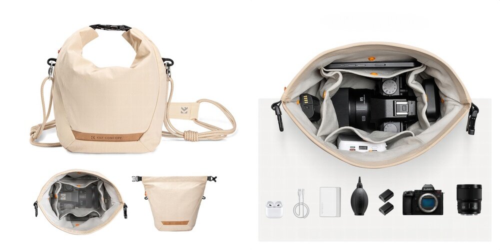 Pomarańczowa torba fotograficzna otwarta i zamknięta na białym tle; wnętrze z aparatem, obiektywem, przegródkami i drobnymi akcesoriami