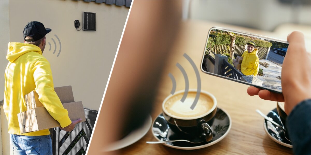 Kamera HAMA 176648 zewnętrzna Wi-Fi + Panel solarny Czarny, kontrola, spokój, panel, wifi, osoba ogląda przez smartfon dzięki kamerze co się dzieje w domu