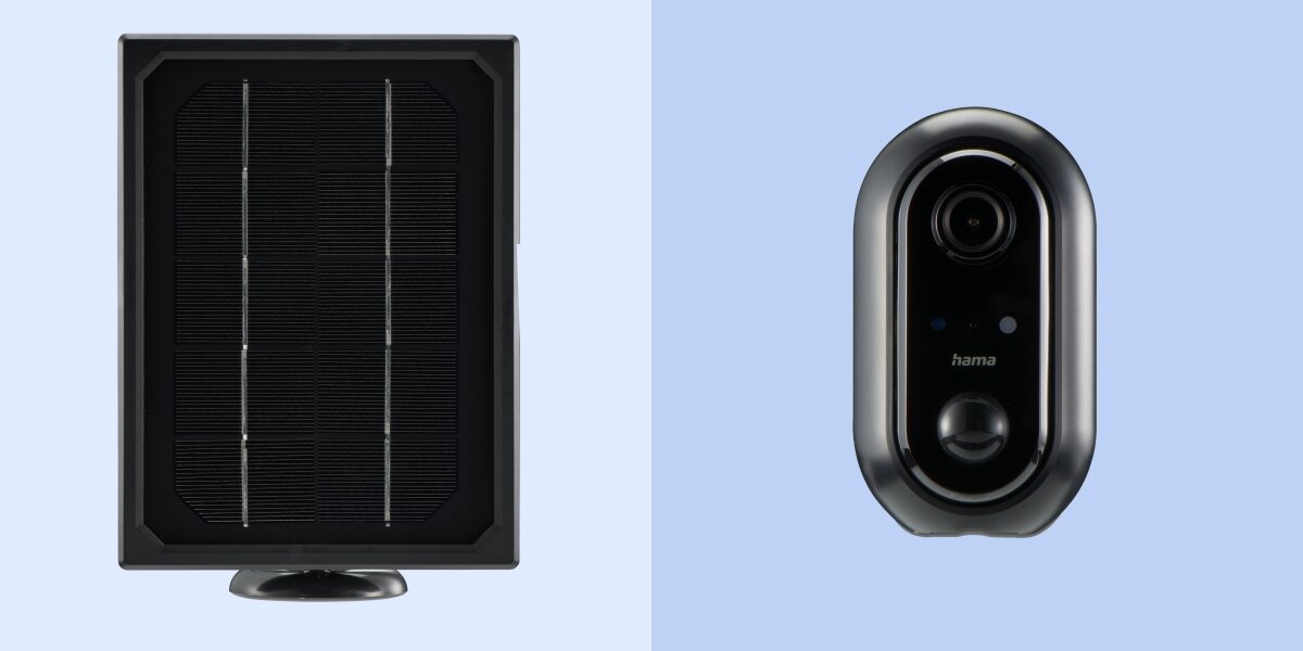 Kamera HAMA 176648 zewnętrzna Wi-Fi + Panel solarny Czarny, panel, słońce, zasilanie, moduł, na niebieskim i białym tle, kamera oraz panel stoją na wprost frontem