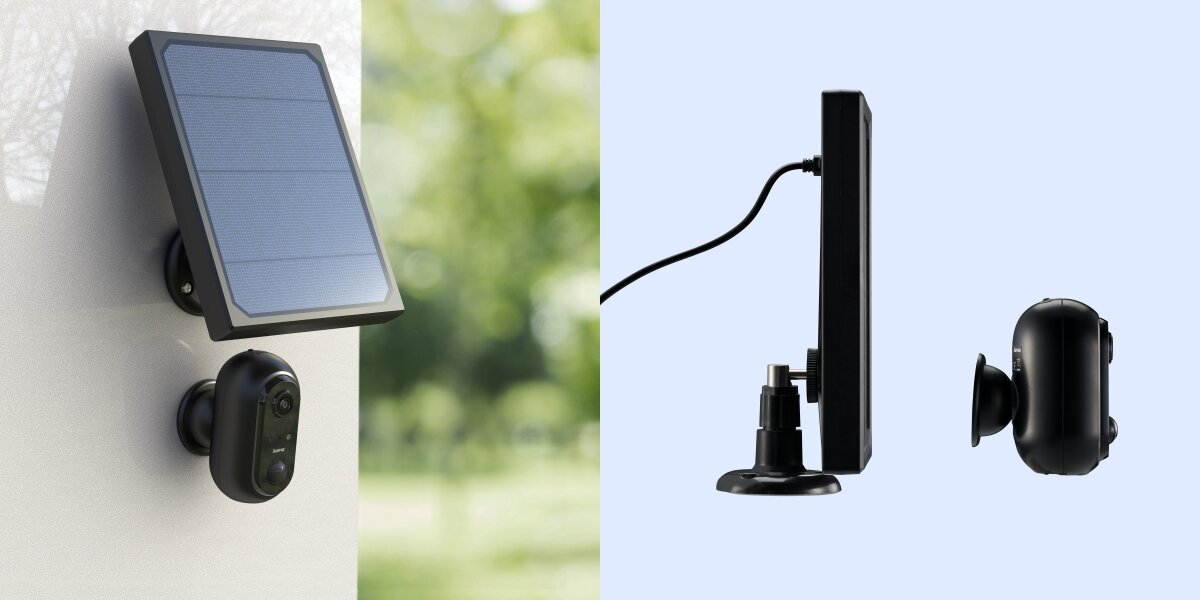 Kamera HAMA 176648 zewnętrzna Wi-Fi + Panel solarny Czarny, kable, zasilanie, ładowanie, monitorowanie, na niebieskim tle panel, obok w tle roślinność, panel zamontowany do ściany