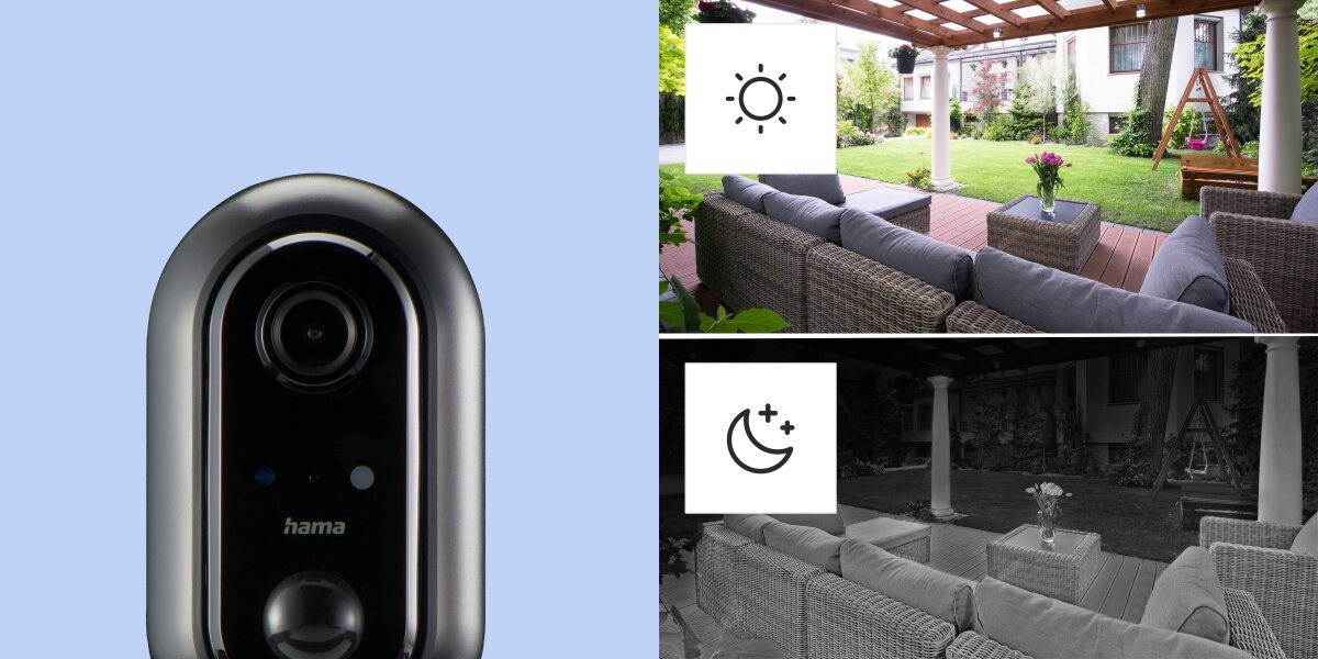 Kamera HAMA 176648 zewnętrzna Wi-Fi + Panel solarny Czarny, roździelczość, rejestracja, nagrywanie, noktowizja, na niebieskim tle kamera, obok 2 zdjęcia na zewnętrz za dnia i w nocy