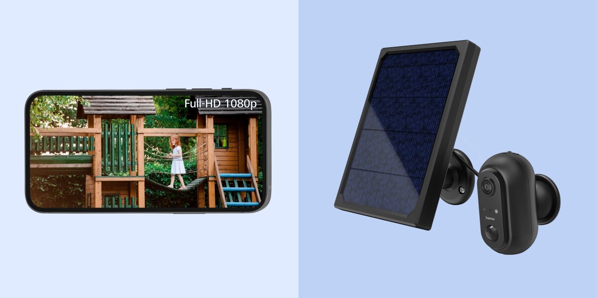 Kamera HAMA 176648 zewnętrzna Wi-Fi + Panel solarny Czarny, nagrywanie, powiadomienie, smart, aplikacja, mikrofon, na niebieskim tle smartfon, obok panel zasilania z kamerą